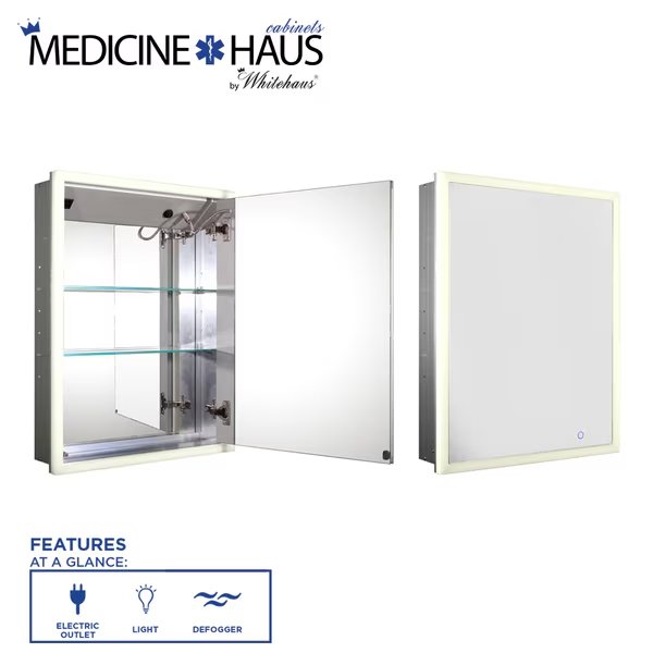 Recessed Sgl Mirrored Door Medicine Cabinet W/ Outlet, Defogger, Led Pow, Whitehaus, Mfr#: WHLUN7055-IR